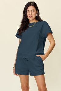 Double Take Full Size Texture Short Sleeve T-Shirt and Drawstring Shorts Set Trandify deal