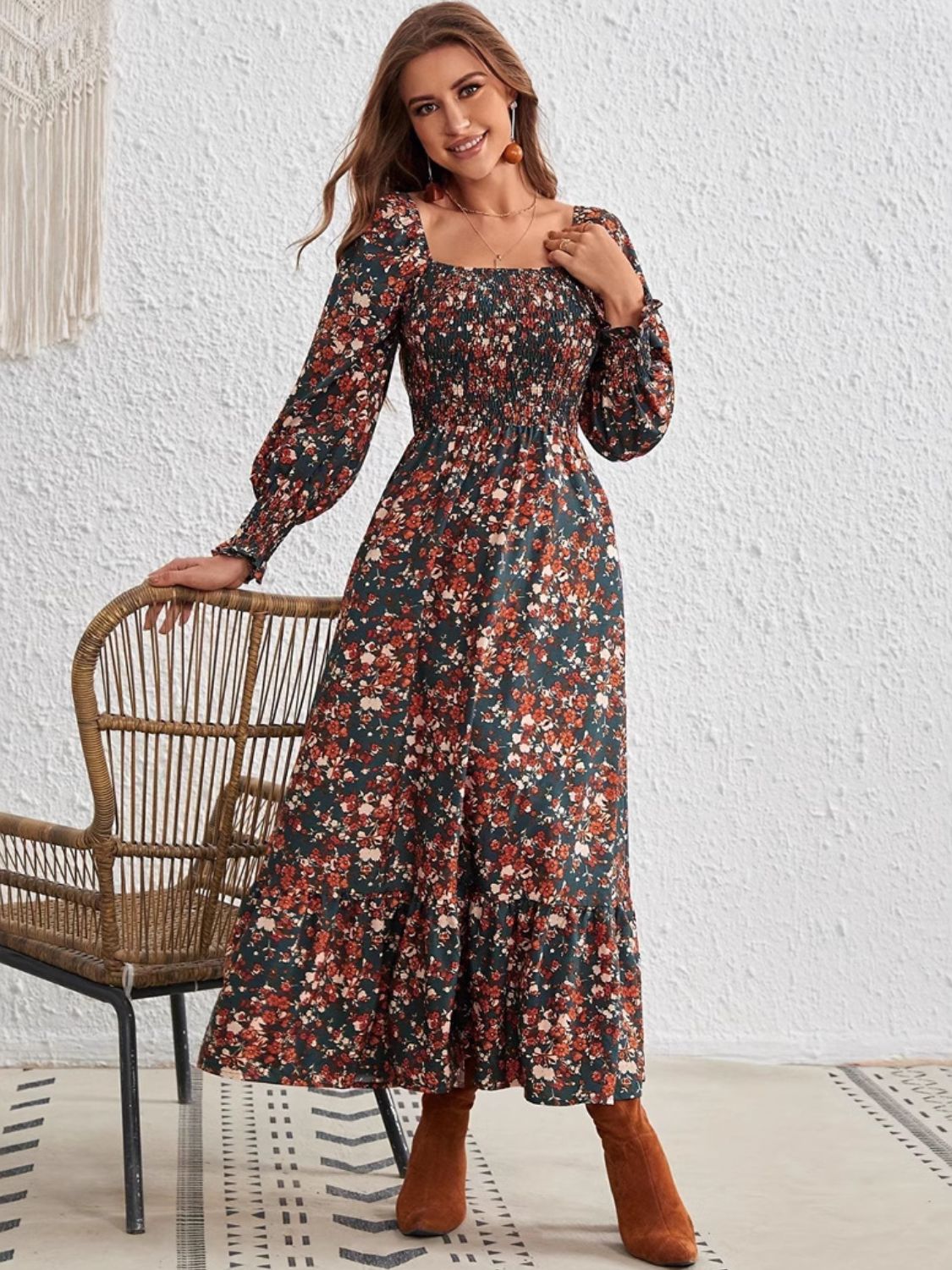 Smocked Floral Square Neck Long Sleeve Dress Trandify Deal