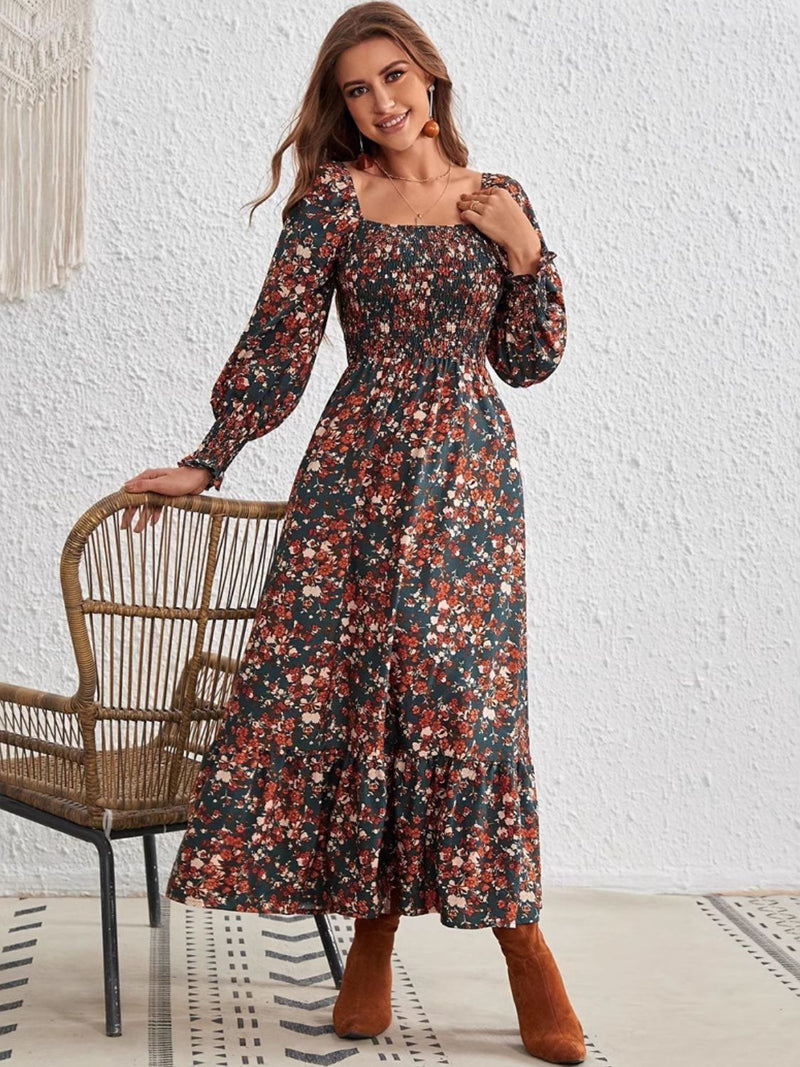 Smocked Floral Square Neck Long Sleeve Dress Trandify Deal