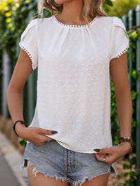 Perfee Round Neck Petal Sleeve Blouse Trandify deal
