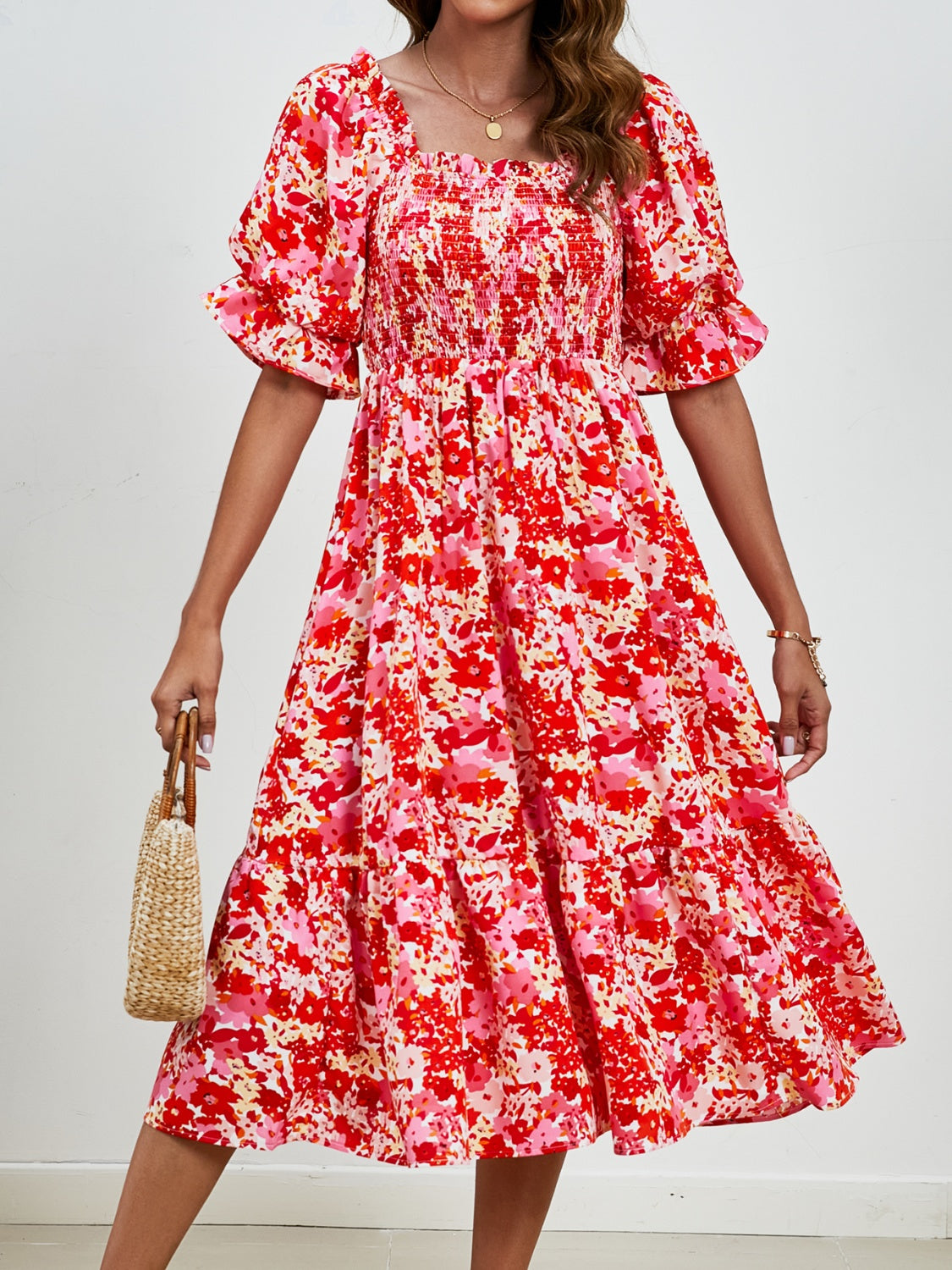 Smocked Floral Square Neck Short Sleeve Dress Trandify deal