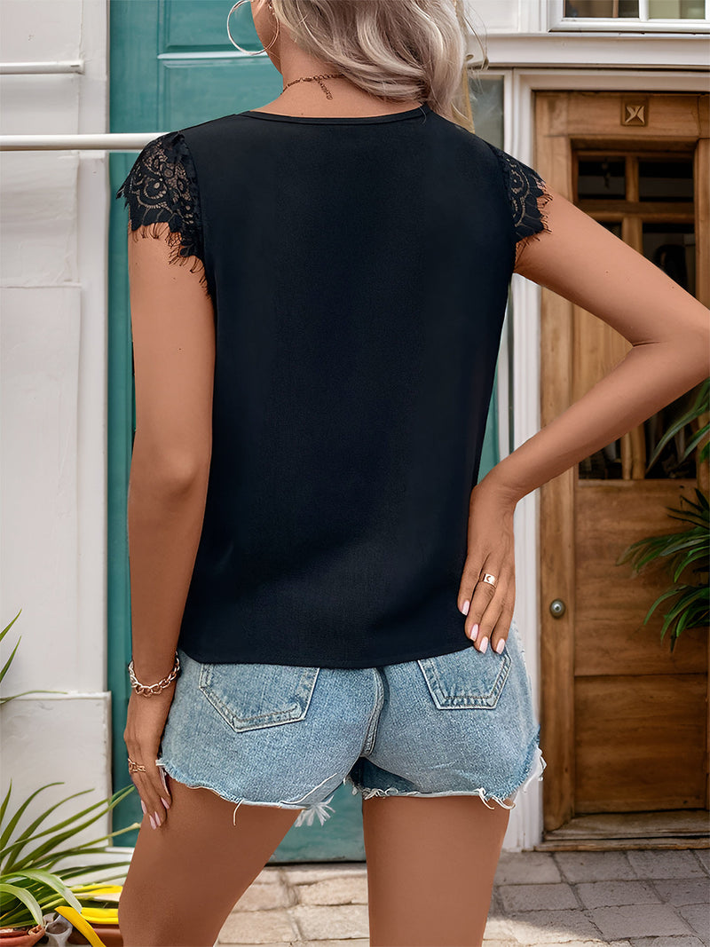 Lace Detail V-Neck Cap Sleeve T-Shirt Trandify deal