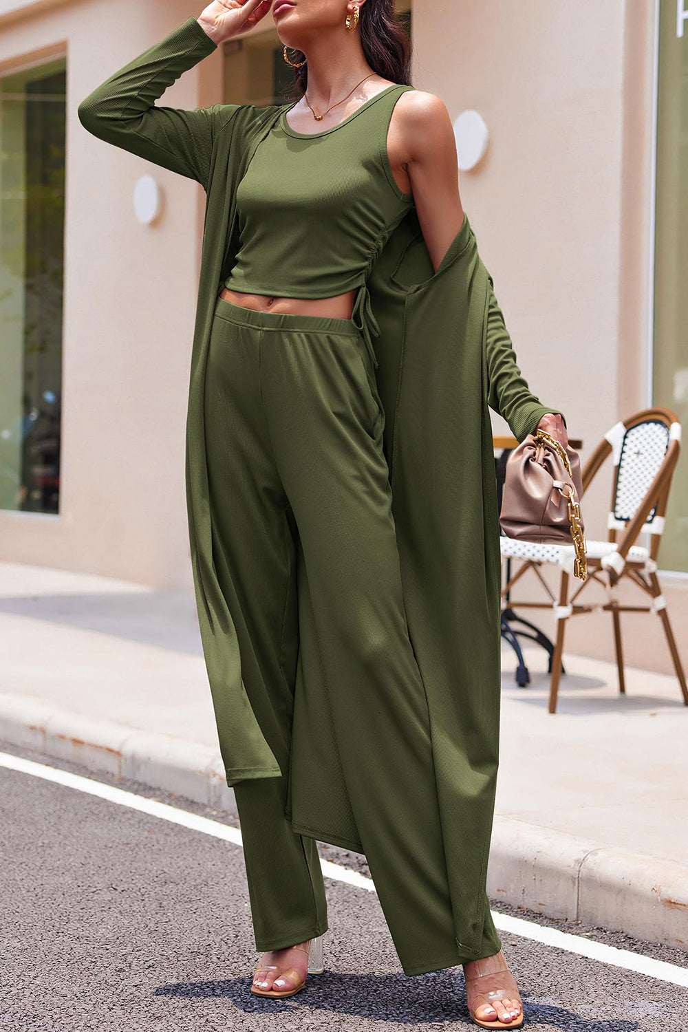 Drawstring Tank, Long Sleeve Cover Up and Pants Set Trandify Deal