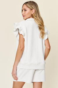 Double Take Full Size Texture Flounce Sleeve Top and Drawstring Shorts Set - Trandify Deal
