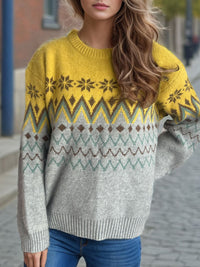 Chevron Contrast Round Neck Long Sleeve Sweater Trandify Deal