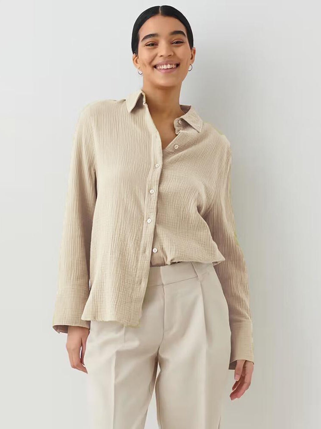 Textured Collared Neck Long Sleeve Shirt Trandify deal