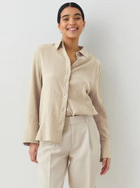 Textured Collared Neck Long Sleeve Shirt Trandify deal