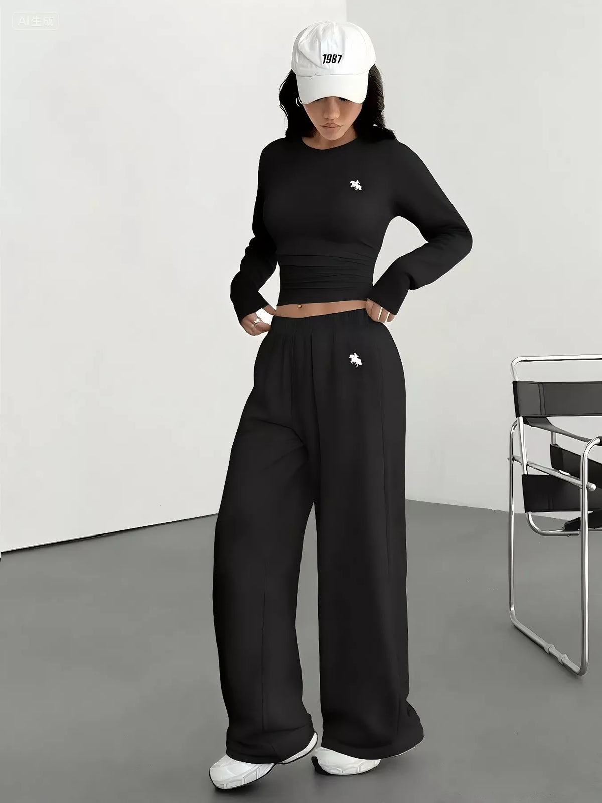Women's Two-Piece Outfit - Casual Long Sleeve Top & Wide Leg Pants Set