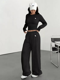 Women's Two-Piece Outfit - Casual Long Sleeve Top & Wide Leg Pants Set