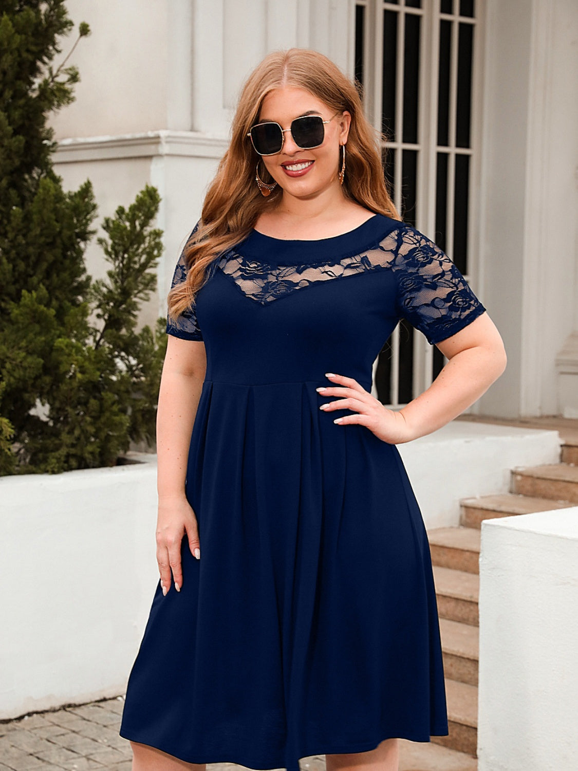 Plus Size Ruched Round Neck Short Sleeve Dress Trandify deal