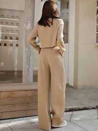 Waffle-Knit Round Neck Top and Pants Set Trandify deal