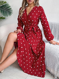 Tied Polka Dot Long Sleeve Midi Dress Trandify deal