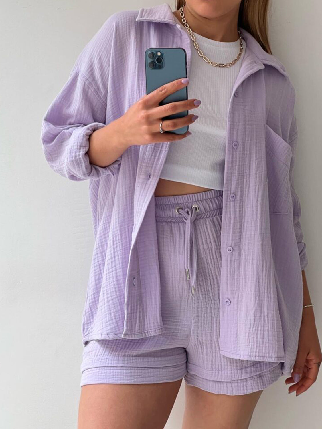 Texture Button Up Shirt and Drawstring Shorts Set Trandify deal