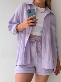 Texture Button Up Shirt and Drawstring Shorts Set Trandify deal