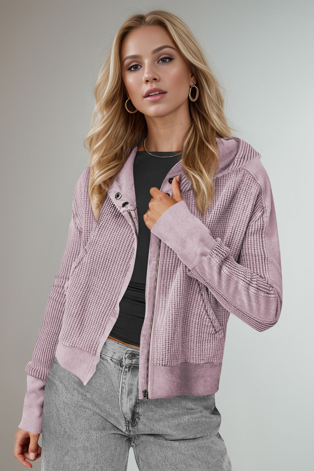 Double Take Waffle-Knit Zip Up Long Sleeve Hooded Jacket Trandify Deal