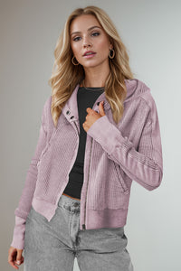 Double Take Waffle-Knit Zip Up Long Sleeve Hooded Jacket Trandify Deal