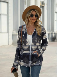 Geometric Zip Up Long Sleeve Hooded Jacket Trandify Deal