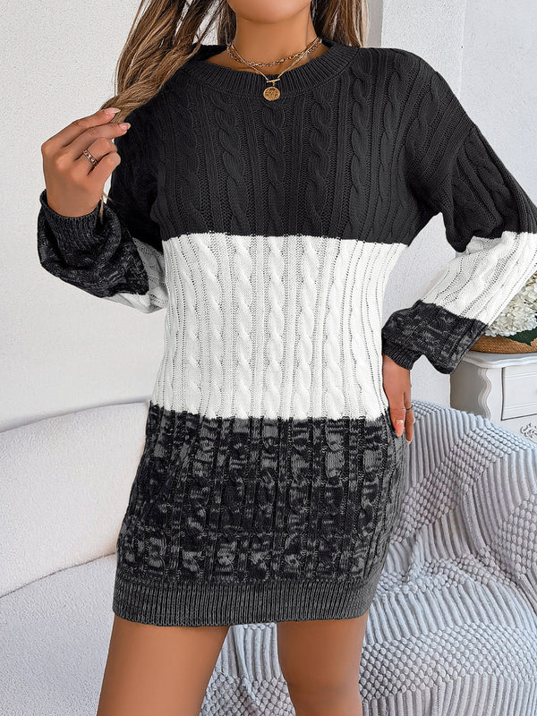 Cable-Knit Round Neck Color Block Sweater Dress Trandify Deal