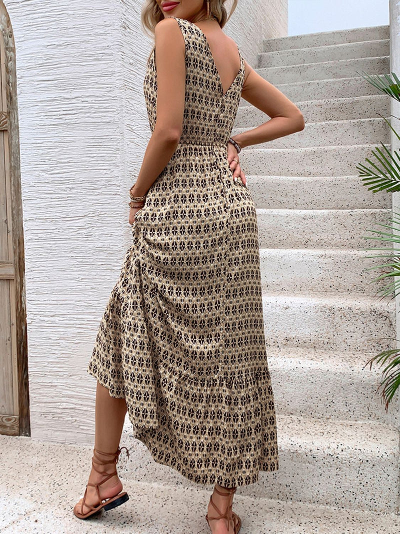 Perfee Printed V-Neck Tie Waist Midi Dress - Trandify Deal