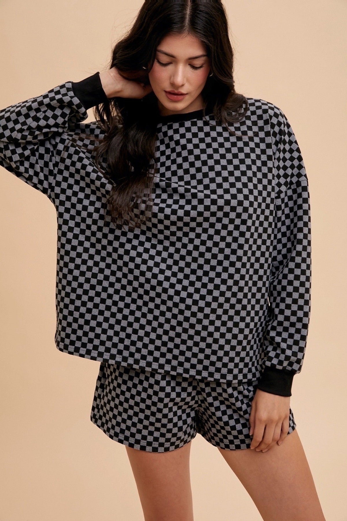 Annie Wear Checkered Round Neck Top and Drawstring Shorts Set Trandify Deal