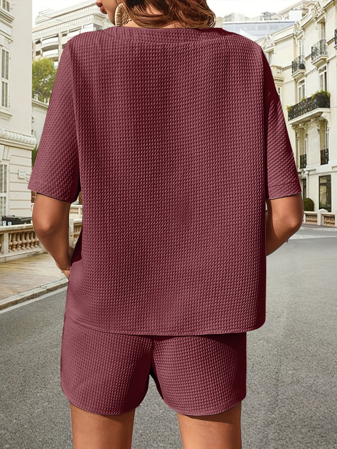 Waffle-Knit Half Sleeve Top and Shorts Set Trandify deal