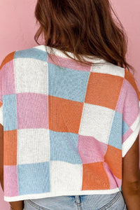 Contrast Plaid Round Neck Cap Sleeve Sweater Trandify Deal