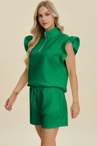 Double Take Texture Flounce Sleeve Top and Shorts Set - Trandify Deal