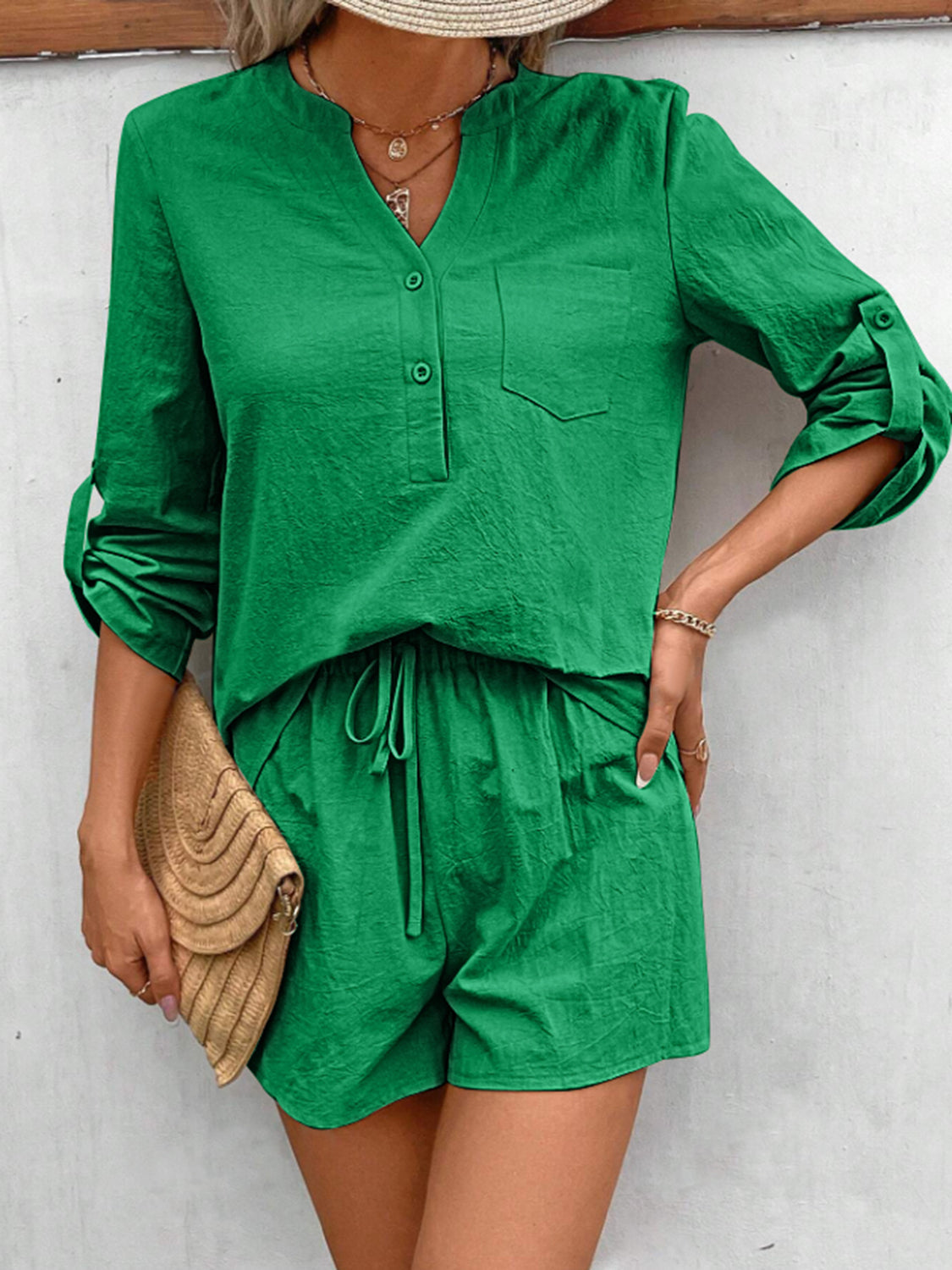 Notched Long Sleeve Top and Shorts Set Trandify deal