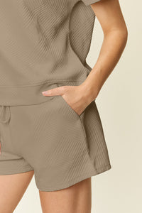 Double Take Full Size Texture Short Sleeve T-Shirt and Drawstring Shorts Set Trandify deal