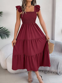 Smocked Square Neck Cap Sleeve Midi Dress Trandify deal