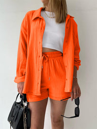 Texture Button Up Shirt and Drawstring Shorts Set Trandify deal