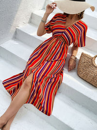 Perfee Slit Striped V-Neck Short Sleeve Midi Dress Trandify deal