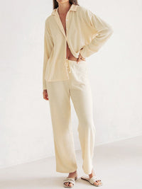 Collared Neck Long Sleeve Top and Drawstring Pants Set Trandify Deal
