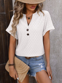 Mandy Eyelet Notched Short Sleeve T-Shirt Trandify deal