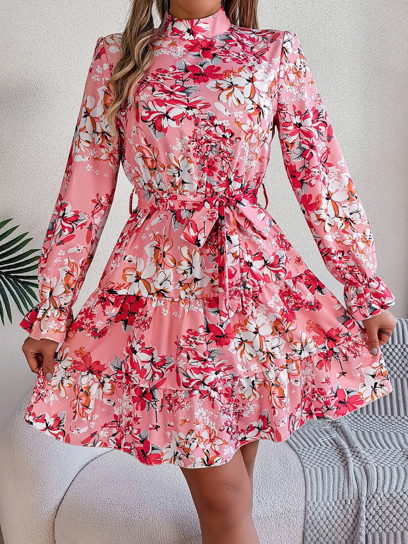 Printed Mock Neck Flounce Sleeve Mini Dress Trandify deal