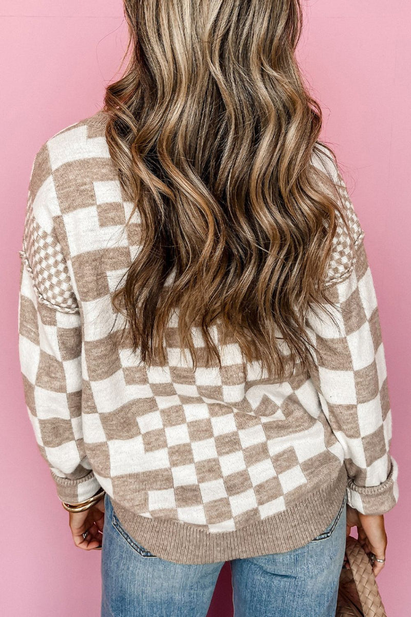 Checkered Round Neck Long Sleeve Sweater - Trandify Deal