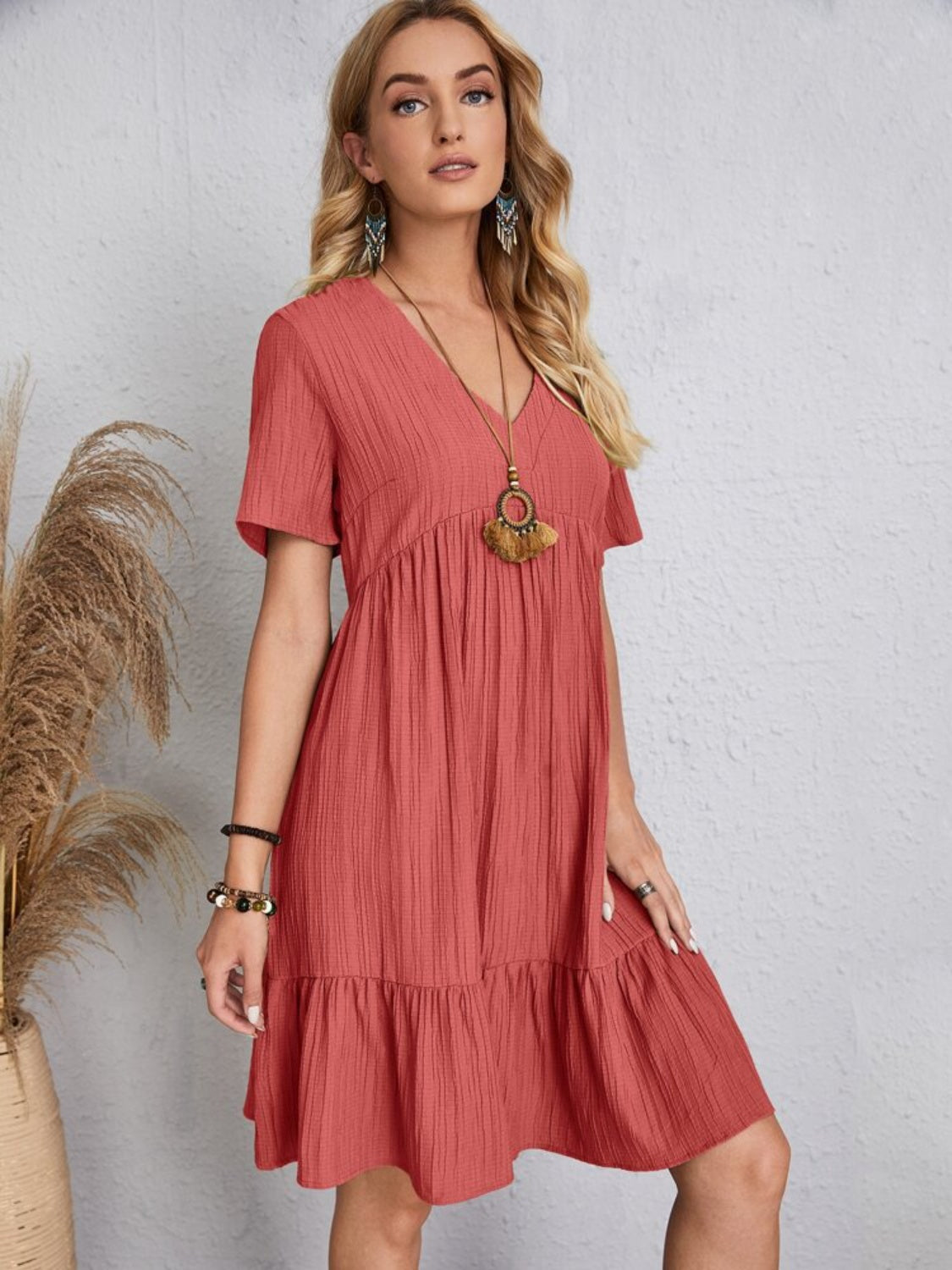 Full Size V-Neck Short Sleeve Dress Trandify deal