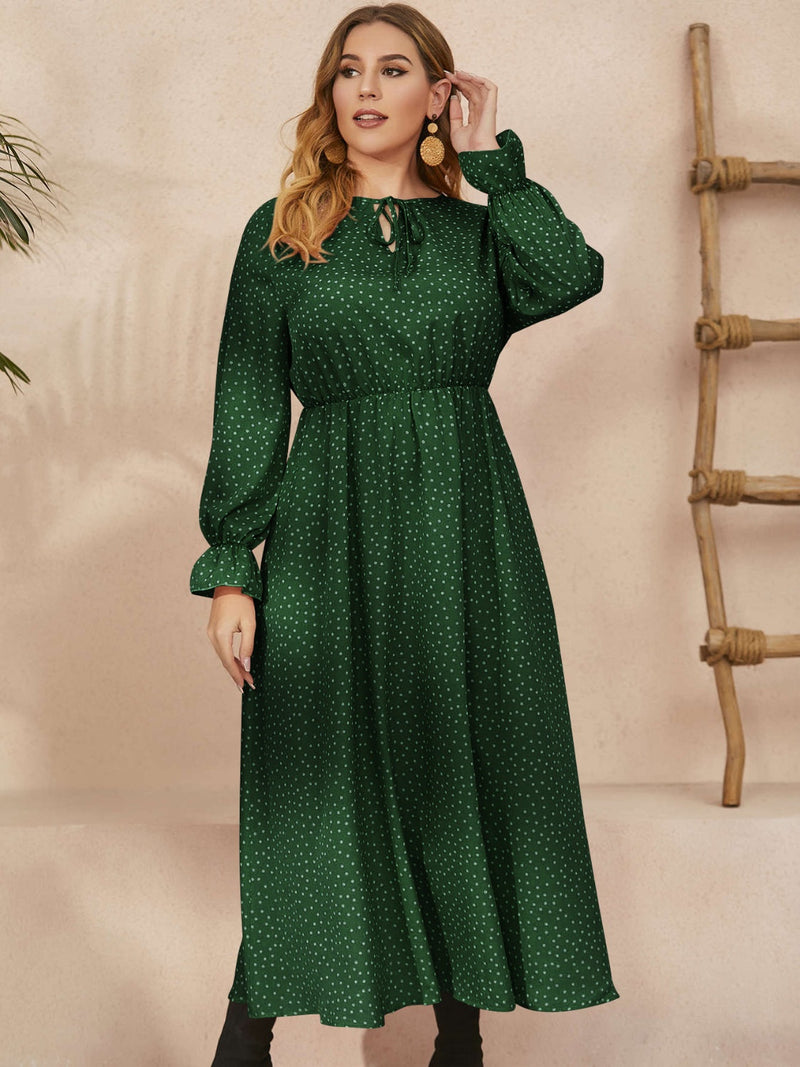 Plus Size Ruffled Polka Dot Long Sleeve Midi Dress Trandify Deal