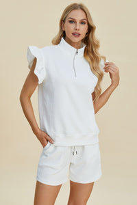Double Take Texture Flounce Sleeve Top and Shorts Set - Trandify Deal