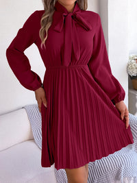 Tie Neck Balloon Sleeve Pleated Dress Trandify deal