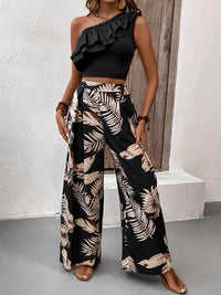 Honey Ruffled Sleeveless Top and Printed Pants Set Trandify deal