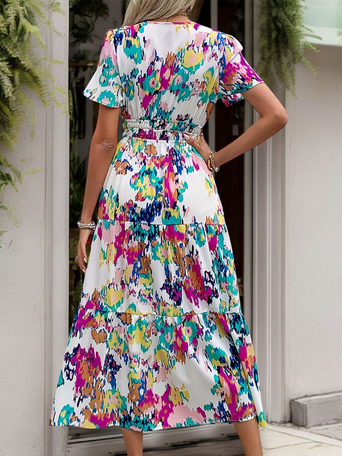 Perfee Printed Notched Short Sleeve Midi Dress Trandify deal