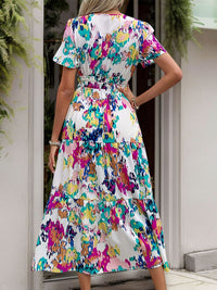 Perfee Printed Notched Short Sleeve Midi Dress Trandify deal