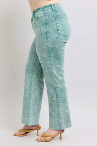 Judy Blue High Waist Dad Jeans in garment dyed wash with raw hem detail
