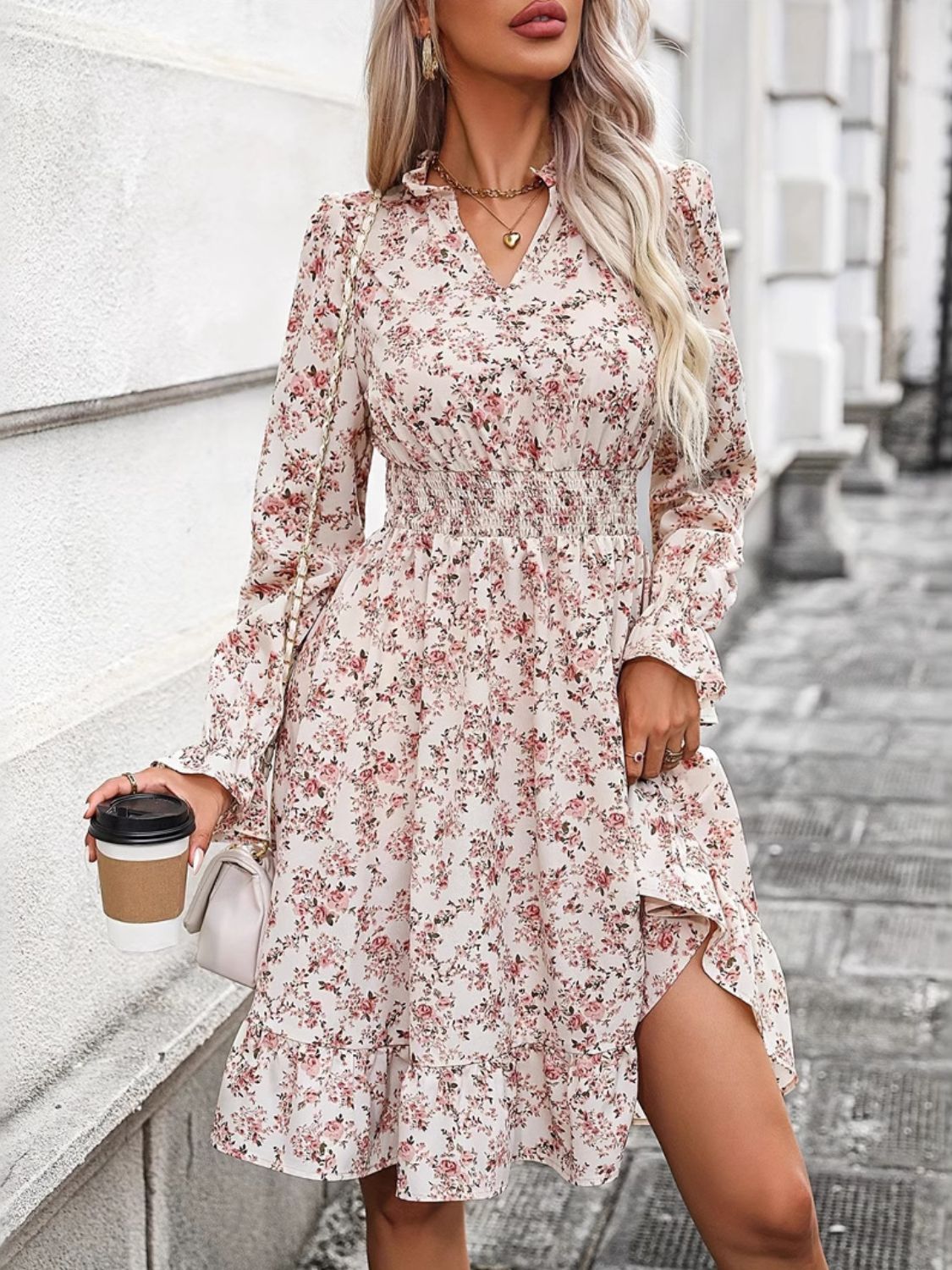 Ruffle Hem Floral Surplice Long Sleeve Dress Trandify Deal