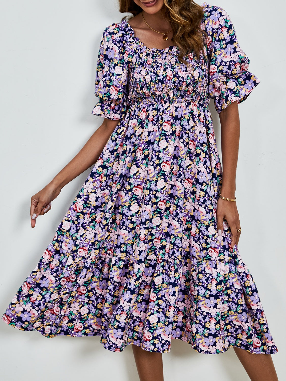 Smocked Floral Square Neck Short Sleeve Dress Trandify deal