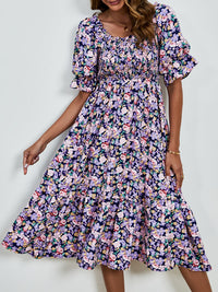 Smocked Floral Square Neck Short Sleeve Dress Trandify deal