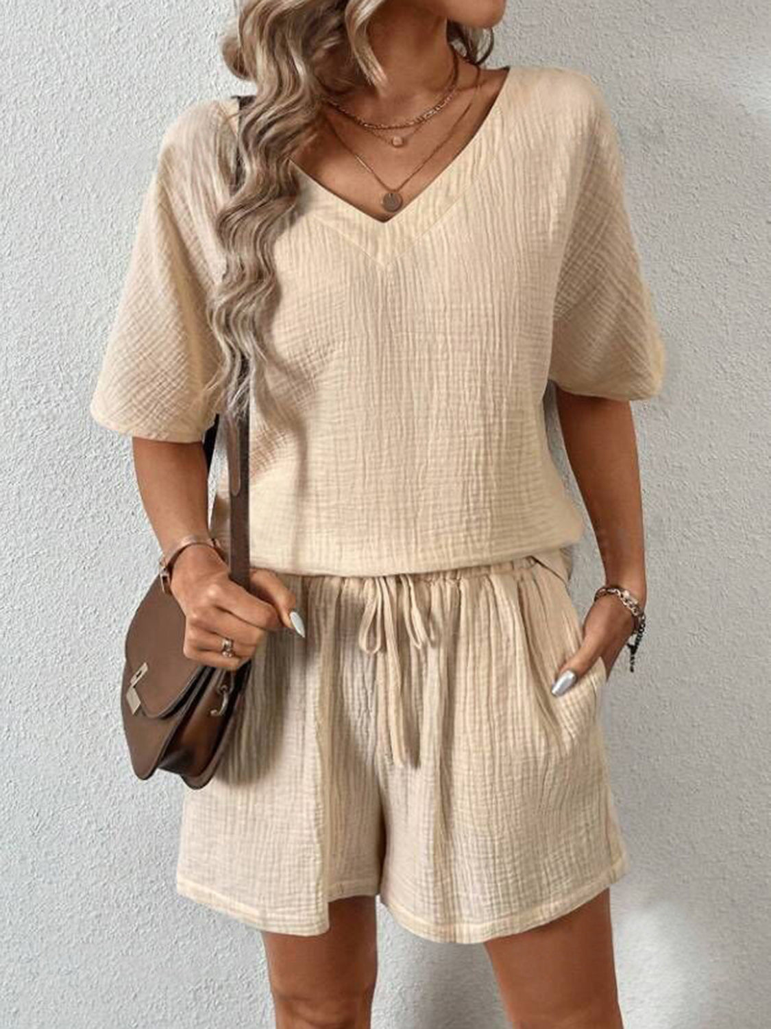 V-Neck Half Sleeve Top and Shorts Set - Trandify Deal