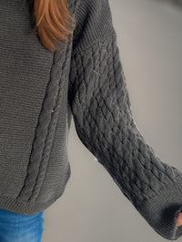 Cable-Knit Round Neck Long Sleeve Sweater Trandify Deal