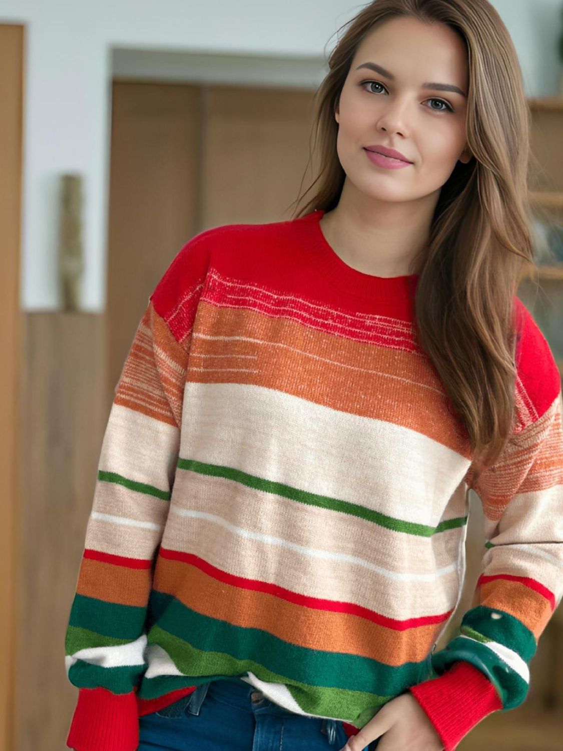 Contrast Striped Round Neck Long Sleeve Sweater Trandify Deal